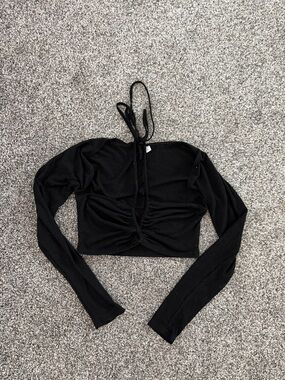 Black Ruched Long-Sleeve Crop Top with Tie Neck